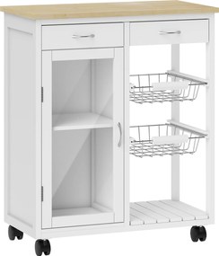 HOMCOM Cărucior de Bucătărie din Bambus cu 2 Sertare, Dulap, Raft și 2 Coșuri din Oțel, 67x35x80 cm, Alb | Aosom Romania