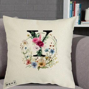 Cadou Personalizat - Perna Personalizata Monograma Florala Litera Y cu Coroana, 40x40 cm, Ecru, Husa Detasabila, Perna Inclusa, BEKZ®