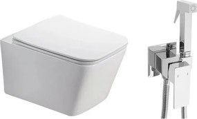 Pachet vas wc suspendat Fluminia Paris, capac softclose si set dus igiena intima crom cu baterie incastrata Rea Fenix