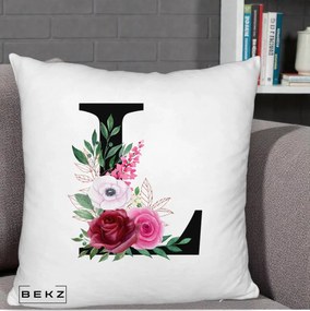 Cadou Personalizat - Perna Personalizata Monograma Florala Litera L, 40x40 cm, Alb Pufos, Husa Detasabila, Perna Inclusa, BEKZ®