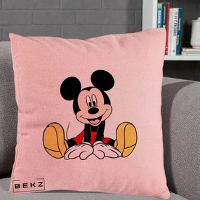Perna Personalizata Mickey Mouse Relaxat, 40x40 cm, Roz, Husa Detasabila, Perna Inclusa, BEKZ®