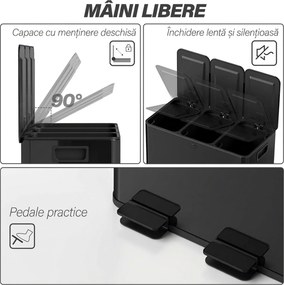 HOMCOM Coș de Gunoi cu 3 Secțiuni de 20L cu Pedală și 2 Capace cu Închidere Silențioasă, Coș de Gunoi din Oțel Inoxidabil și PP, 61.9x36.6x56.7 cm, Negru | Aosom Romania