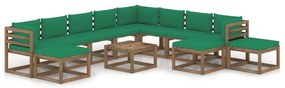 Set mobilier de gradina cu perne verzi, 12 piese Verde, 3x colt + 5x mijloc + 4x suport pentru picioare, 1