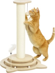 PawHut Copac de zgâriat pentru pisici, 69 cm, stâlp de zgâriat din sisal, traseu cu bile, minge de joacă, jucărie cu pană, design 4-în-1, alb crem | Aosom Romania