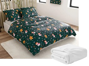 Set 2 buc lenjerie cocolino SNOWMAN AND GINGERBREAD verde + cearsaf Cocolino microplus cu elastic SOFT 180x200 cm alb, pat dublu
