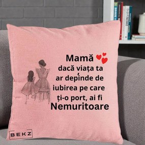 Cadou pentru Mama - Perna Personalizata Mama Nemuritoare Line Art, 40x40 cm, Roz, Husa Detasabila, Perna Inclusa, BEKZ®