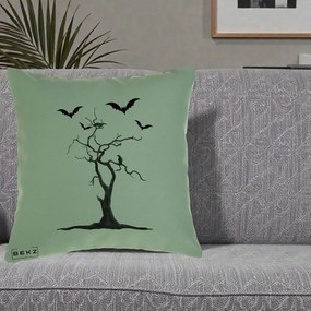 Perna Decorativa Halloween Copac cu Lilieci Alb-Negru, 40x40 cm, Verde, Husa Detasabila, Perna Inclusa, BEKZ®