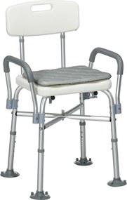 HOMCOM Scaun de Baie din Aluminiu Reglabil, cu Spătar și Brațe, Pernă Moale, Antialunecare, Alb | Aosom Romania