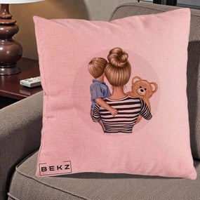 Cadou pentru Mama - Perna Personalizata Mama si Baietelul cu Ursulet, 40x40 cm, Roz, Husa Detasabila, Perna Inclusa, BEKZ®