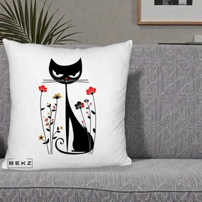 Perna Decorativa Pisica Neagra Grafica Flori Rosii, 40x40 cm, Alb Pufos, Husa Detasabila, Perna Inclusa, BEKZ®