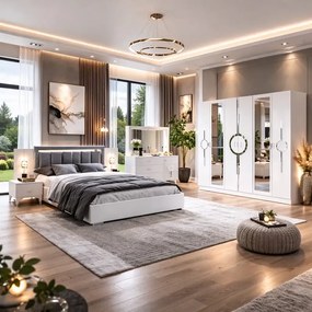 Dormitor Carol,sifonier,comoda,noptiera,pat cu lada Homs, alb, 220x210x50 cm