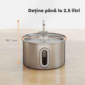 PawHut Fântână din Inox 2,5L pentru Pisici cu LED și 2 Moduri de Flux, Argintiu | Aosom Romania