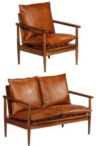 3100743 vidaXL Set canapele, 2 piese, maro, piele naturală/lemn masiv acacia