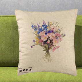 Perna Decorativa Buchet Floral Acuarela Primavara, 40x40 cm, Bej, Husa Detasabila, Perna Inclusa, BEKZ®