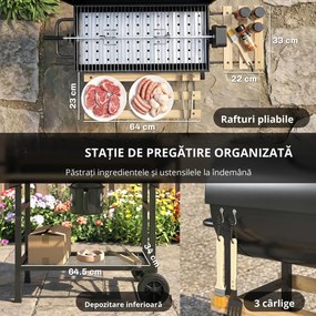 Outsunny Grătar pe cărbuni cu căruț de gătit, etajere pliabile, termometru, roți, rotisor electric, negru | Aosom Romania