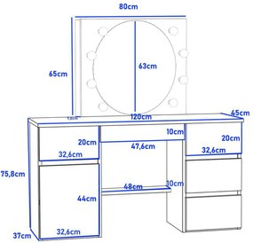 Masuta machiaj cu Oglinda LED si 5 Sertare pentru Cosmetice, Set Masa toaleta 120 cm, Alb, masuta cosmetica, vanity - SEA545