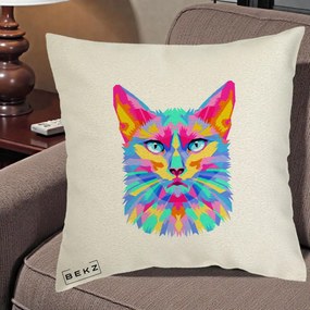Perna Decorativa Pisica Pop Art Multicolor, 40x40 cm, Ecru, Husa Detasabila, Perna Inclusa, BEKZ®