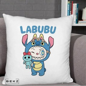 Perna Personalizata Labubu x Stitch cu Flori, 40x40 cm, Alb Pufos, Husa Detasabila, Perna Inclusa, BEKZ®
