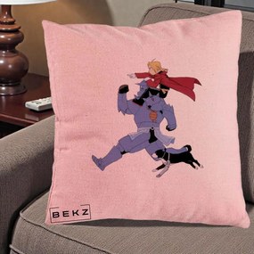 Perna Personalizata Fullmetal Alchemist Edward si Alphonse, 40x40 cm, Roz, Husa Detasabila, Perna Inclusa, BEKZ®