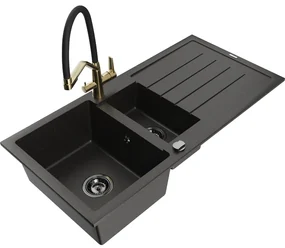 Mexen Andres chiuvetă granit 1,5 camere cu scurgător și baterie Duo, negru/auriu metalizat - 6515-75-671701-57-B