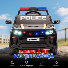 AIYAPLAY Mașina Electrică de Poliție pentru Copii 12V cu Telecomandă, Sirenă și Lumini, Vârsta 3-5 Ani, Negru | Aosom Romania