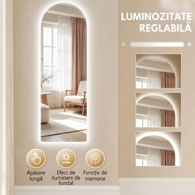 HOMCOM Oglindă de Perete în Formă de Arc cu Iluminare LED, Control Tactil și Sticlă Călită, 40x3x120 cm, Transparentă | Aosom Romania