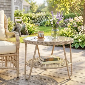 Outsunny Măsuță laterală din polyrattan, masă de cafea în 2 niveluri cu raft, blat din sticlă, picioare reglabile, 65 x 65 x 50 cm, galben | Aosom Romania