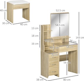 HOMCOM Masă de machiaj cu oglindă, scaun, sertare și rafturi alb | Aosom Romania