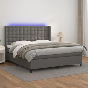 3139395 vidaXL Pat cu arcuri, saltea și LED, gri, 160x200 cm, piele ecologică