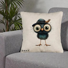Perna Decorativa Pui Misterios cu Palarie Neagra, 40x40 cm, Bej Canapea, Husa Detasabila, Perna Inclusa, BEKZ®