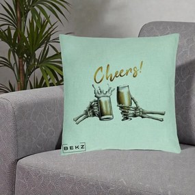 Perna Decorativa Halloween Cheers Schelete cu Bere, 40x40 cm, Verde Menta, Husa Detasabila, Perna Inclusa, BEKZ®