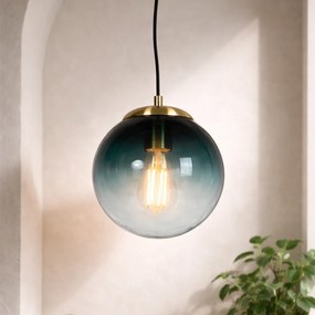Lampă suspendată Art Deco din alamă cu sticlă albastră ocean 20 cm - Pallon