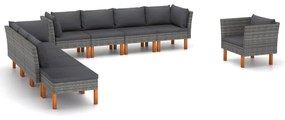 Set mobilier gradina 9 piese gri poliratan lemn de eucalipt Gri, 3x canapea de colt + 4x canapea de mijloc + fotoliu + suport pentru picioare, 1