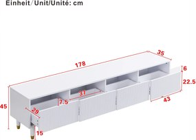 Comodă TV cu 4 sertare, din MDF și acril, 178x35x45 cm, Alb