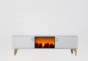 RESIGILAT- Comoda TV cu șemineu electric, Alb/Auriu, 160x35x47 cm
