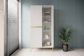 Vitrina Nicole 100 cm cu fata canelata - picioare alb mat / auriu