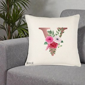 Cadou Personalizat - Perna Personalizata Monograma Rose Gold Litera V, 40x40 cm, Crem Reliefat, Husa Detasabila, Perna Inclusa, BEKZ®