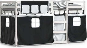 vidaXL Pat supraetajat de copii perdele, alb/negru, 90x200 cm lemn pin