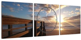 Tablou cu dig, plajă și mare (cu ceas) (90x30 cm)