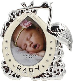 Ramă Foto BABY Barză Argintie AZAY cu Cristale, 8x10 cm, Ramă Foto Nou-Născut, Cadou Botez Băiat sau Fetiță, Cutie Cadou