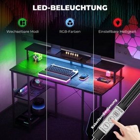 HOMCOM Birou Reversibil pentru Calculator cu Prize, Lumini LED, Suport Dublu și Rafturi Reglabile, 120x50x89,5 cm, Negru | Aosom Romania