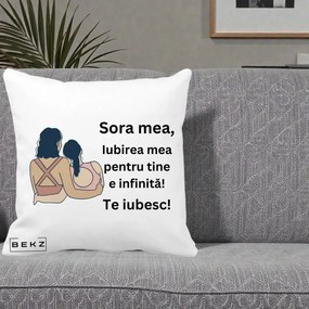 Cadou pentru Sora - Perna Personalizata Sora Mea Te Iubesc Doua Fete Fashioniste Line Art, 40x40 cm, Alba Mata, Husa Detasabila, Perna Inclusa, BEKZ®