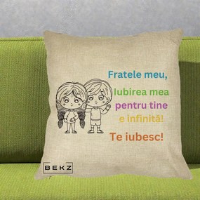 Cadou pentru Frate - Perna Personalizata Fratele Meu Te Iubesc Copii Anime Colorat, 40x40 cm, Crem, Husa Detasabila, Perna Inclusa, BEKZ®