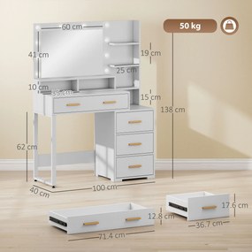 HOMCOM Masă de Machiaj Albă cu Oglindă, 4 Sertare și 6 Rafturi Deschise 100x40x138 cm | Aosom Romania