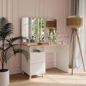 Masuta machiaj cu Oglinda LED si 2 Sertare pentru Cosmetice, Set Masa toaleta 110 cm, Alb, masuta cosmetica, vanity - SEA913