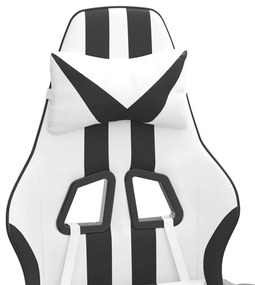 Scaun de gaming cu suport picioare, alb negru, piele ecologica