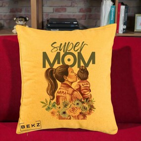 Cadou pentru Mama - Perna Personalizata Super Mom Mama cu Bebelusul, 40x40 cm, Galben, Husa Detasabila, Perna Inclusa, BEKZ®