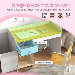 Masa de birou  ZONEKIZ pentru copii cu scaun, birou de scoală pentru copii de 3-6 ani din lemn cu sertar si scaun asortat, alb | Aosom Romania