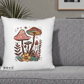 Perna Decorativa Ciuperci Boho Multicolore, 40x40 cm, Alb Pufos, Husa Detasabila, Perna Inclusa, BEKZ®