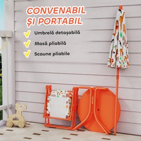 AIYAPLAY Set de Grădină pentru Copii, Masă și Scaune cu Umbrelă, Masă de Picnic pentru Exterior cu 2 Scaune Pliabile pentru Copii de 2-5 Ani, Portocaliu | Aosom Romania